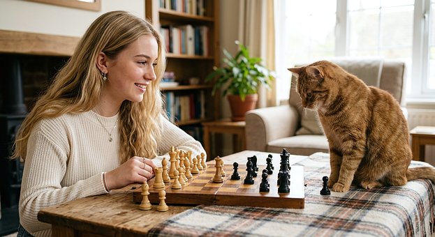 Menina, Jogo De Xadrez, Gato, Estratégia
