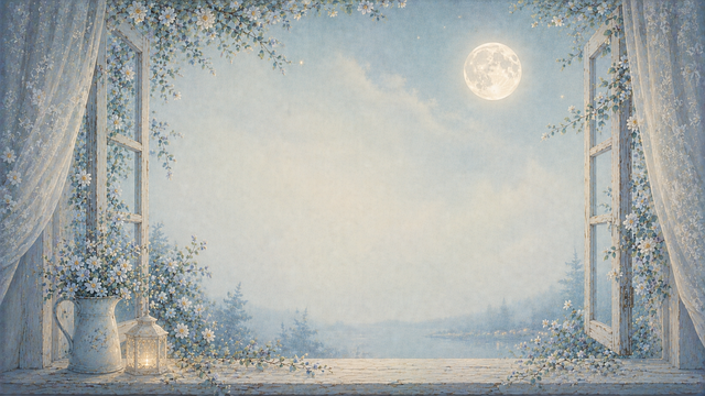 Free open window cottage window full moon illustration
