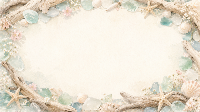 Free driftwood frame sea glass light background illustration