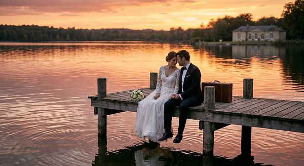 Bryllup, Brud, Brudgom, Solnedgang, Sø