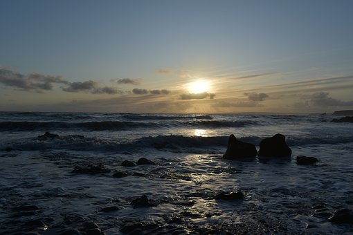 Solnedgang, Ocean, Bølger, Kyst, Sten