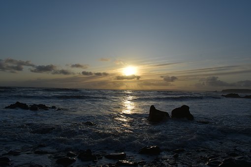 Solnedgang, Havelandskab, Sten, Hav