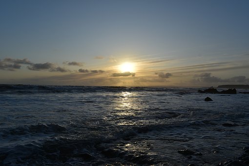 Solnedgang, Hav, Bølger, Kyst, Skyer
