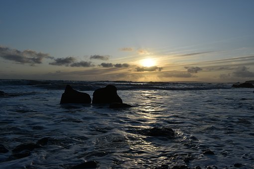 Solnedgang, Kyst, Ocean, Klipper, Vand