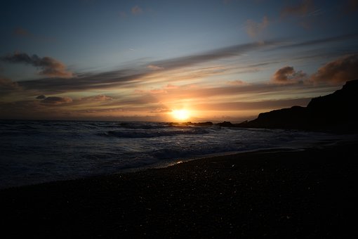 Solnedgang, Kyst, Hav, Horisont, Bølge