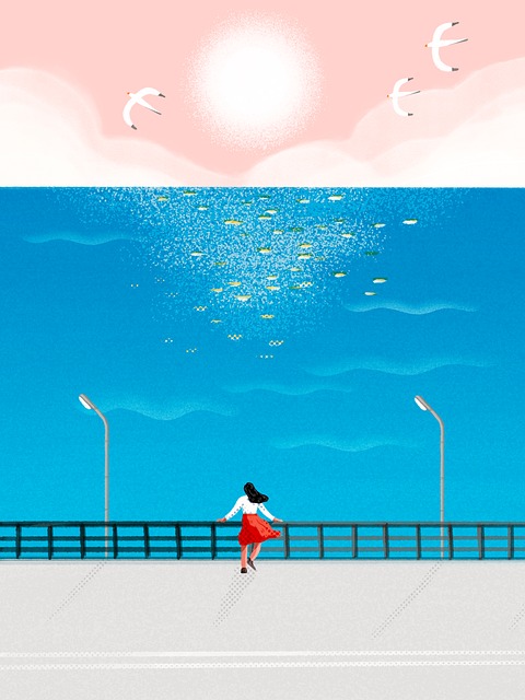 Mirador, Silueta, Mujer, Mar, Lámpara