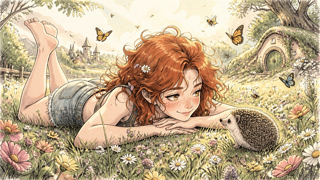 Free girl hedgehog summer illustration