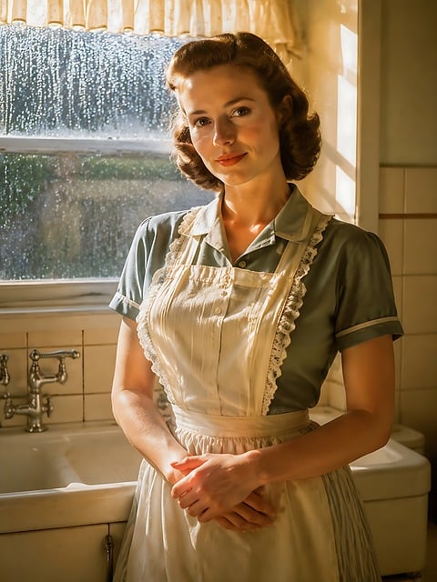 Vrouw, Keuken, Schort, Zonlicht