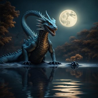 Draak, Fantasie, Maan, Meer, Maanlicht