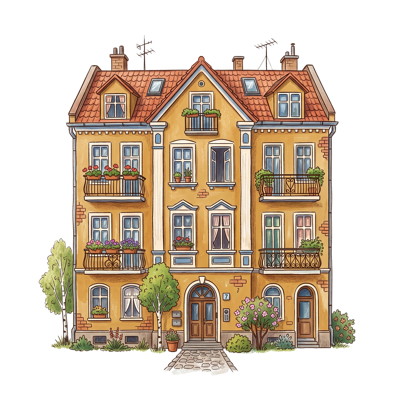 Edificio, Fachada, Balcones, Techo