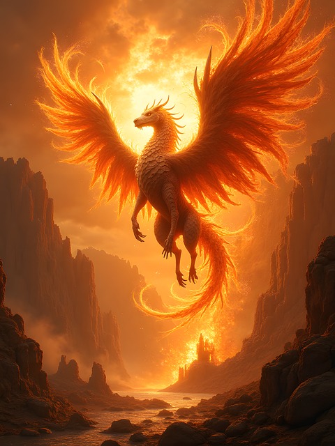 Phönix, Feuer, Flammen, Flügel, Berge