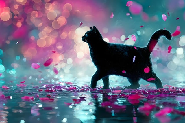 Free ai generated black cat flower petals illustration