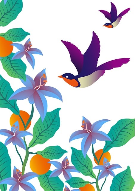Pájaro, Flores, Sale De, Naranja, Azul