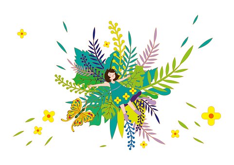 Ilustración, Niña, Hojas Coloridas