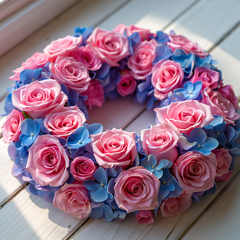 Pink Roser, Blå Hortensia, Blomsterkrans