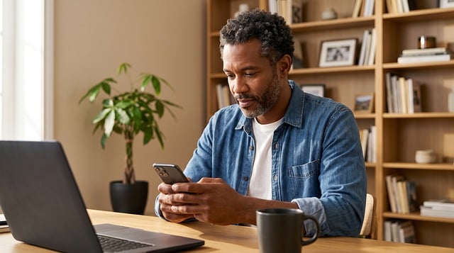 Man, Smartphone, Laptop, Thuiskantoor