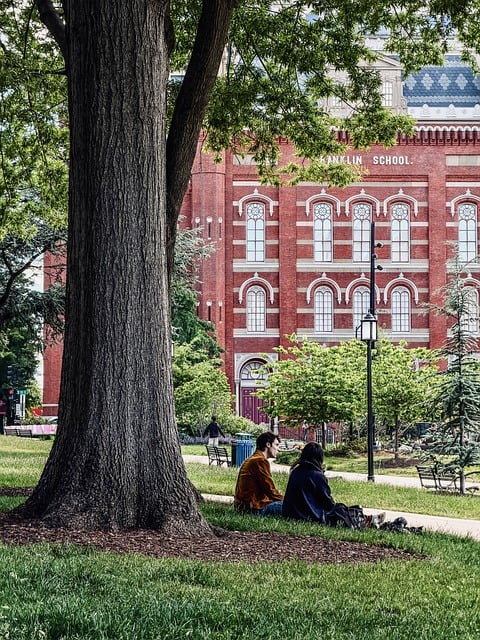 Schule, Ziegelgebäude, Baum, Studenten