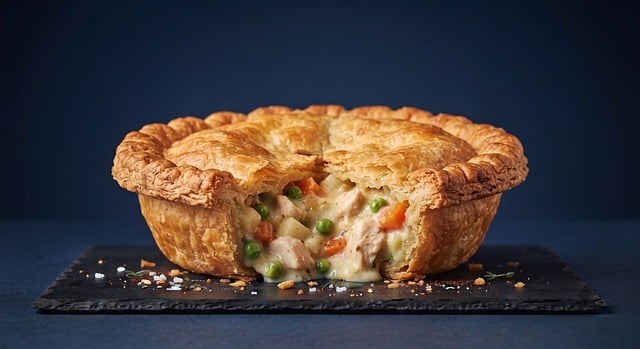 A rustic slice of chicken pot pie showing peas, carrots, and shredded chicken in a creamy sauce under a flaky pastry crust