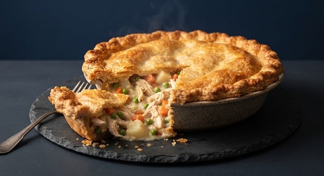 A slice of chicken pot pie on a plate showing chunks of chicken, peas, and carrots in a creamy sauce beneath a flaky golden crust