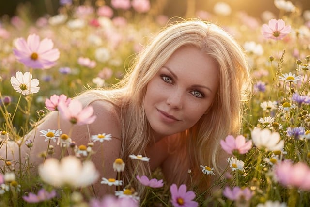 Frau, Blumen, Wiese, Sonnenlicht