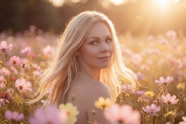 Frau, Blumen, Sonnenlicht, Friedlich