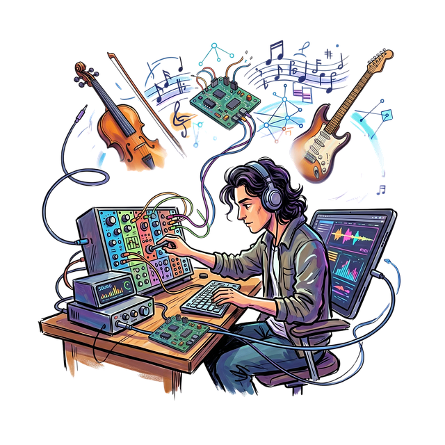 Free music modular synthesizer comic book style illustration