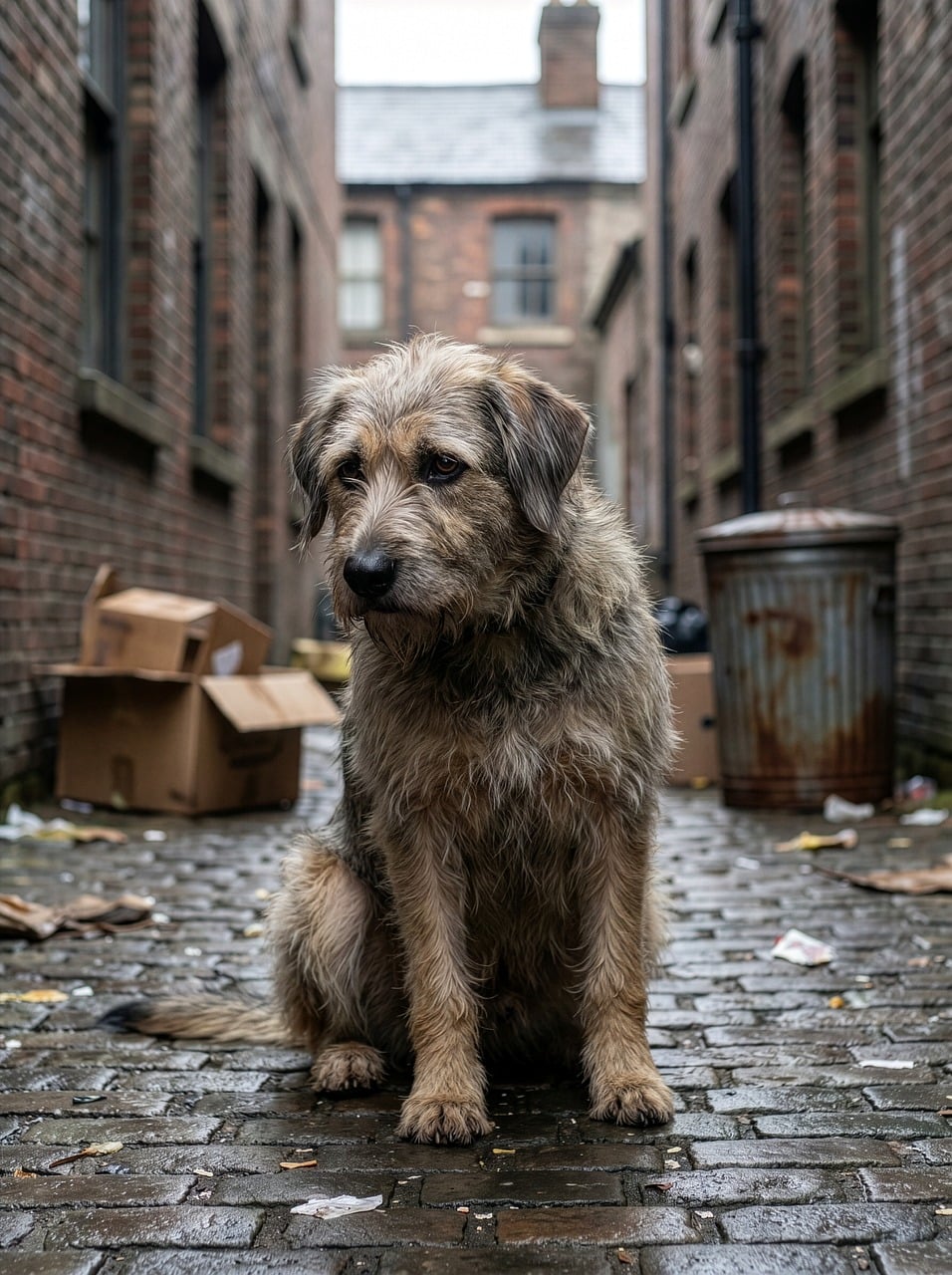 A wet dog after washing, sitting outdoors in a relaxed posture with fur slightly damp.