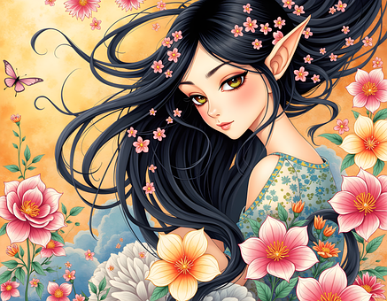 Anime, Schoonheid, Bloemen, Elf