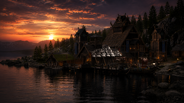Landsby, Vikingby, Skip, Solnedgang