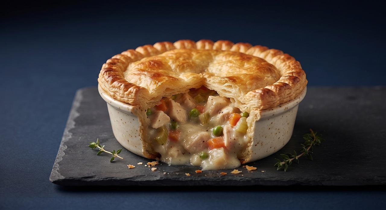 Golden puff-pastry-topped chicken pot pie with a slice cut out revealing creamy filling with peas and carrots