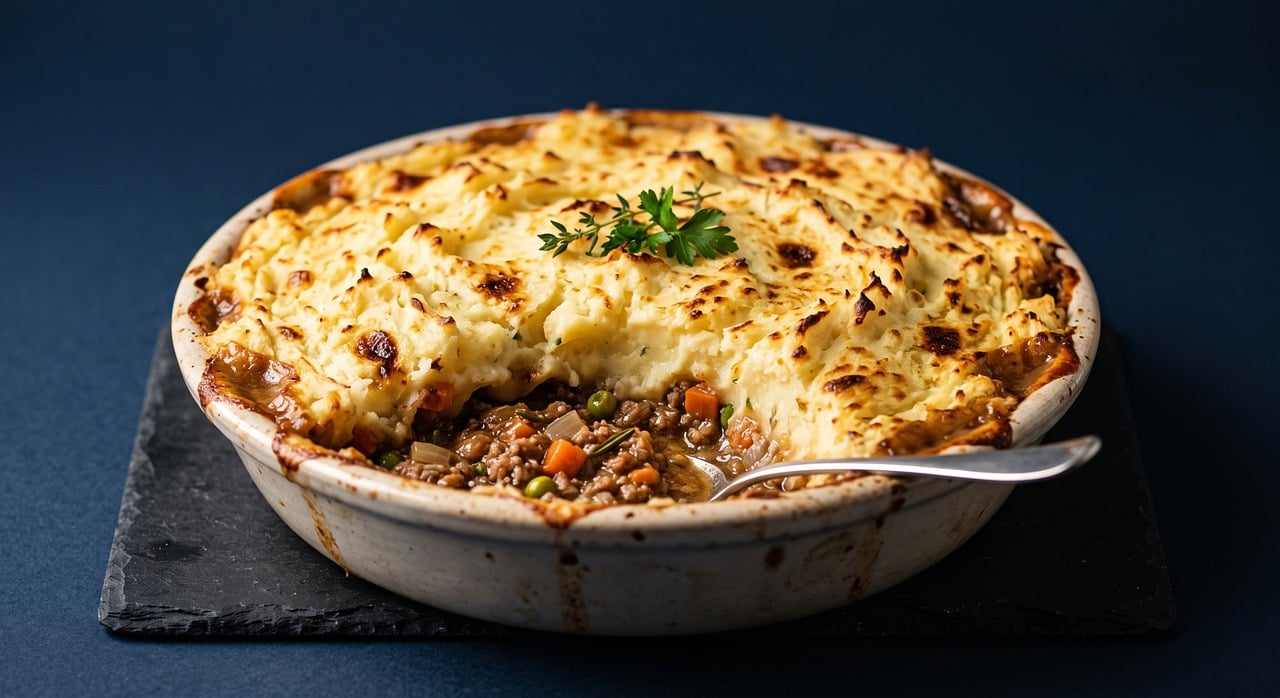 Golden-topped cottage pie fresh from the oven with browned mashed potato ridges