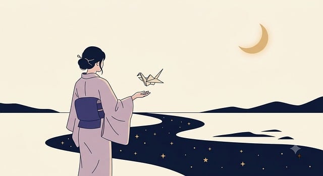 Frau, Kimono, Origami, Kranich, Nacht