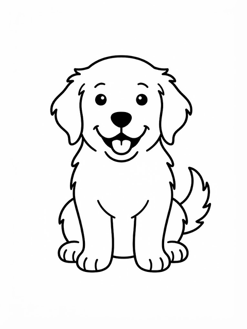可爱的, 小狗, 金毛猎犬, 黑和白, 坐着, 卡哇伊, 自然, 线条艺术