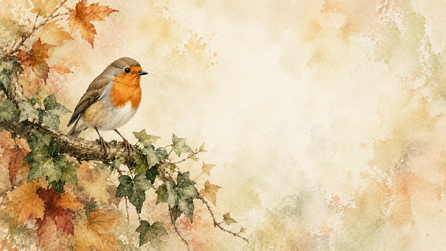 Rotkehlchen, Singvogel, Efeu, Herbstlaub