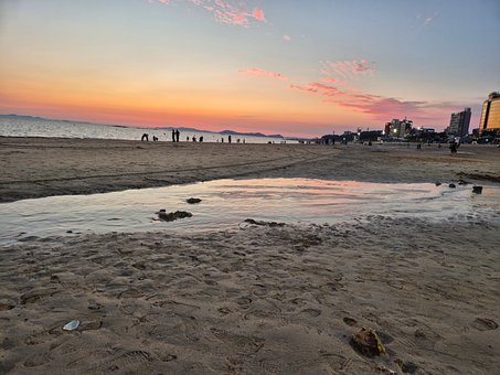 Strand, Solnedgang, Hav, Sand, Tidevann