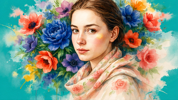 Frau, Blumen, Kunstportrait, Schönheit