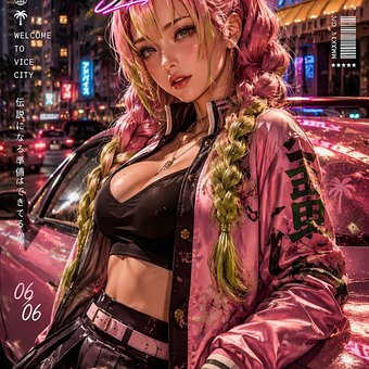 Anime, Neon, Blumenmuster, Rosa