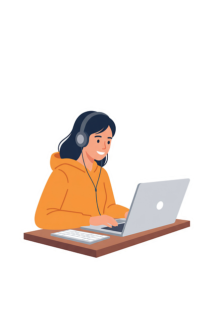 Frau, Computer, Kopfhörer, Cartoon