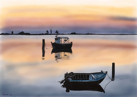 Sonnenuntergang, Boot, Spiegelung, Meer