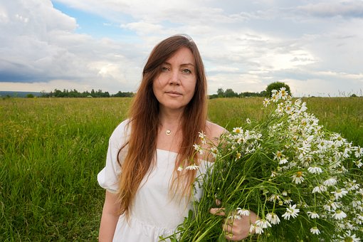 Mulher, Prado, Flores, Vestido Branco
