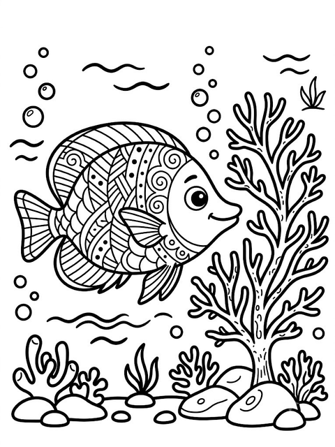 Free fish coral reef coloring page illustration