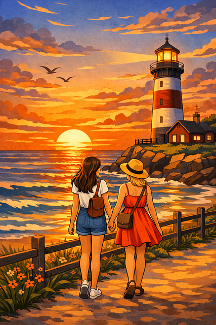 Puesta De Sol, Faro, Chicas, De La Mano