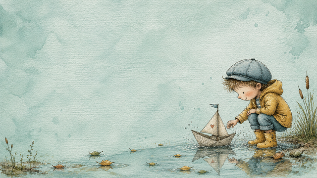 Free boy paper boat rainy day illustration