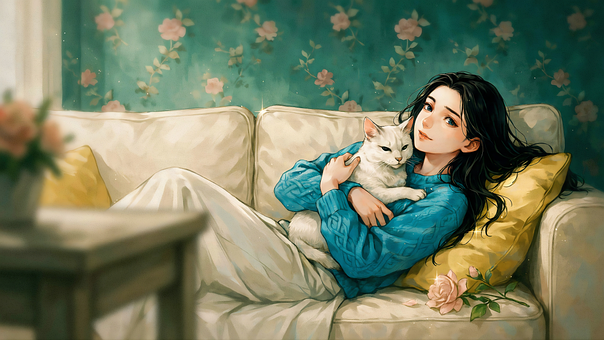 Frau, Katze, Sofa, Cartoon, Muster, Blau
