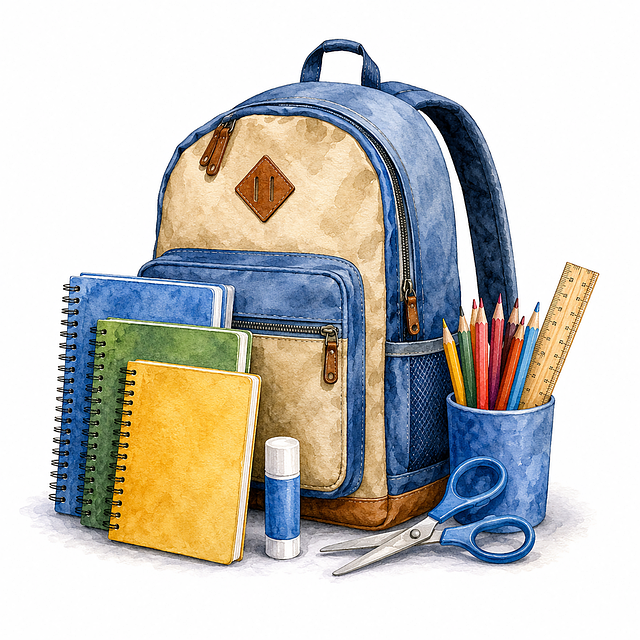 Free backpack school supplies books illustration