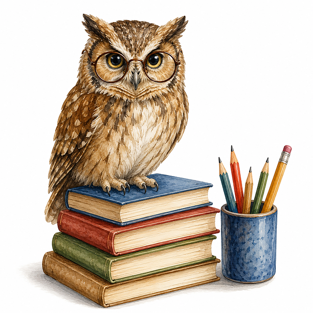 Free owl books pencils illustration
