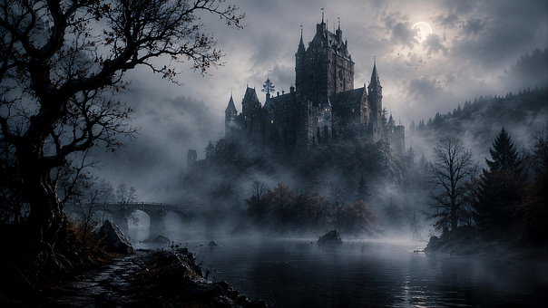 Kasteel, Mist, Donker, Gotisch, Maan