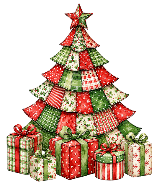 Free patchwork christmas tree gift illustration