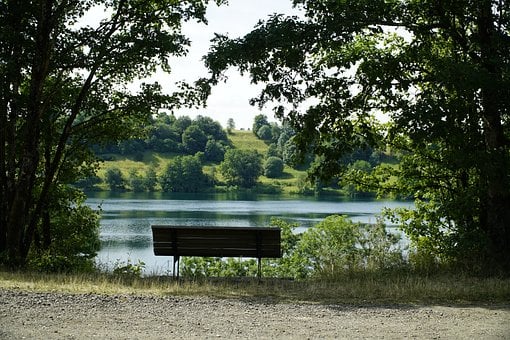 Banco, Lago, Árvores, Eifel, Paisagem