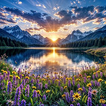 Berge, See, Blumen, Sonnenuntergang